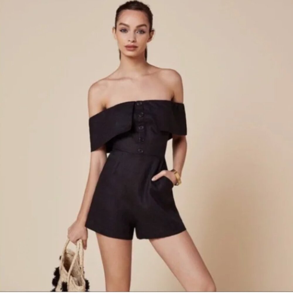 REFORMATION I Frankie Black Linen Off-the-Shoulder One Piece Shorts Romper, 2